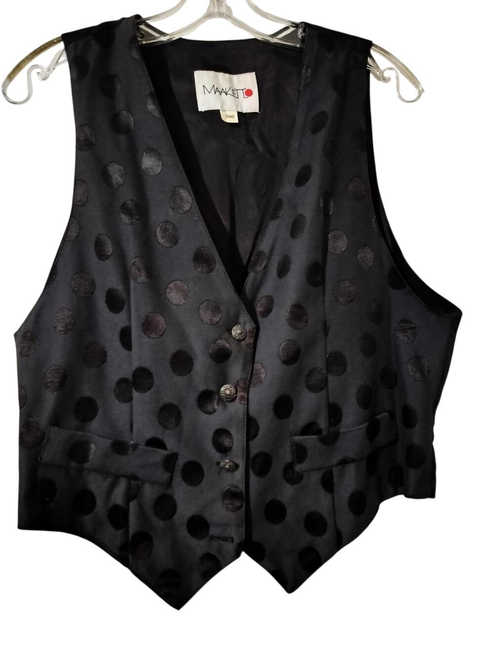 6022) Vintage 90s Maakett Woman Black on Black Polkadot Vest Small